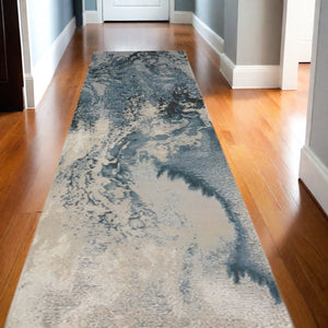 Homeroots 12' Ivory Teal Blue And Black Abstract Non Skid Runner Rug  Polyester 551299