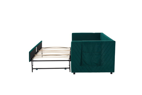 English Elm Twin Velvet Upholstered Daybed with Trundle, V-Pattern Backrest, USB Port, Side Pockets, Sturdy Design Emerald W1361S00043