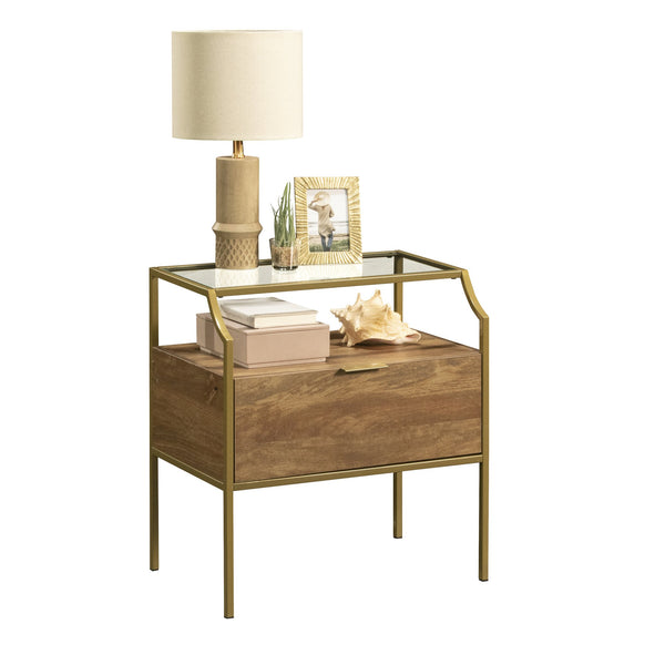 English Elm Night Stand - Contemporary Brown Finish With Metal Frame, Glass Top & Versatile Storage Solutions B356P402578