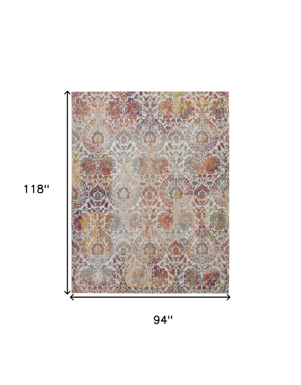 Homeroots 8' X 10' Ivory Gray And Orange Floral Distressed Non Skid Area Rug  Polypropylene,Polyester 551302