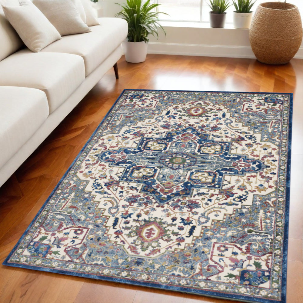 Homeroots 8' X 10' Navy Blue And Ivory Floral Medallion Distressed Non Skid Area Rug  Polypropylene,Polyester 551308