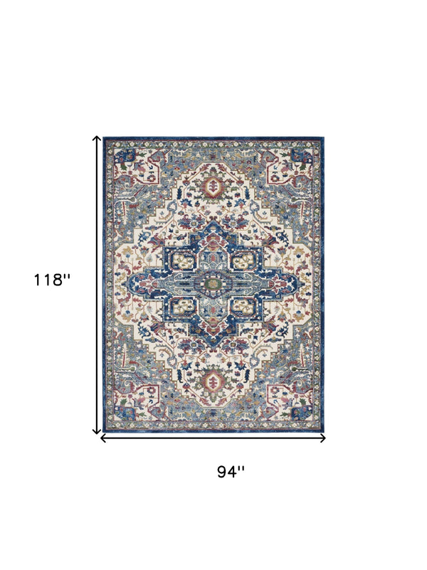 Homeroots 8' X 10' Navy Blue And Ivory Floral Medallion Distressed Non Skid Area Rug  Polypropylene,Polyester 551308