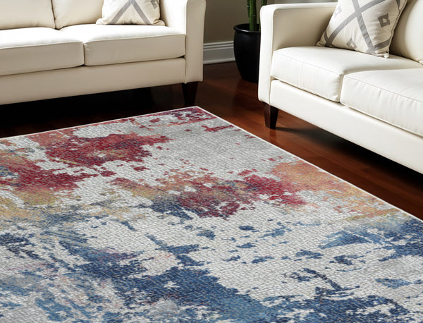 Homeroots 8' X 10' Ivory Red And Blue Abstract Distressed Non Skid Area Rug  Polypropylene,Polyester 551309