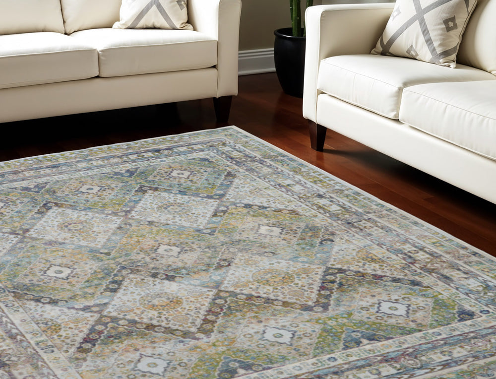 Homeroots 8' X 10' Ivory Blue And Green Floral Distressed Non Skid Area Rug  Polypropylene,Polyester 551310