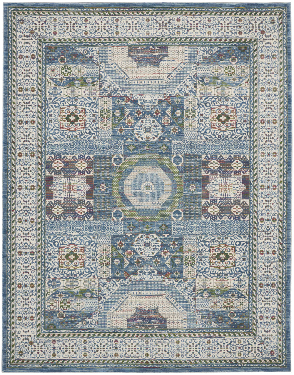 Homeroots 8' X 10' Ivory Blue And Green Oriental Distressed Non Skid Area Rug  Polypropylene,Polyester 551312