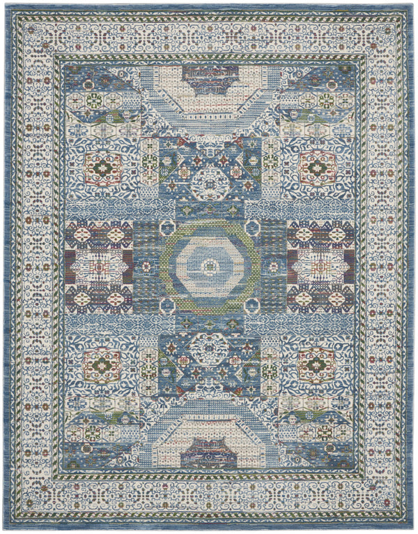 Homeroots 8' X 10' Ivory Blue And Green Oriental Distressed Non Skid Area Rug  Polypropylene,Polyester 551312