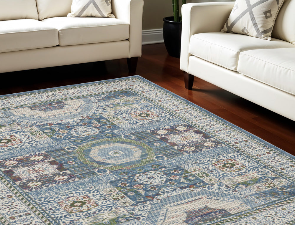 Homeroots 8' X 10' Ivory Blue And Green Oriental Distressed Non Skid Area Rug  Polypropylene,Polyester 551312