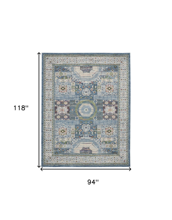 Homeroots 8' X 10' Ivory Blue And Green Oriental Distressed Non Skid Area Rug  Polypropylene,Polyester 551312