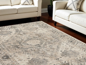 Homeroots 8' X 11' Cream And Gray Floral Distressed Area Rug  Polypropylene 551321
