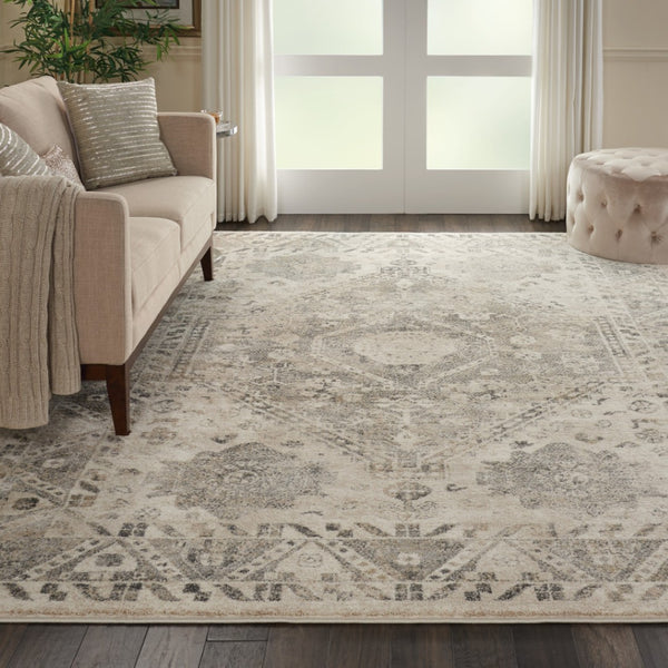 HomeRoots 5' Timeless Cream and Gray Floral Distressed Area Rug for Elegant Living Spaces and Durability 8' X 11' 551321