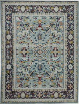 Homeroots 8' X 10' Teal Blue Orange And Black Floral Medallion Distressed Non Skid Area Rug  Polypropylene,Polyester 551324