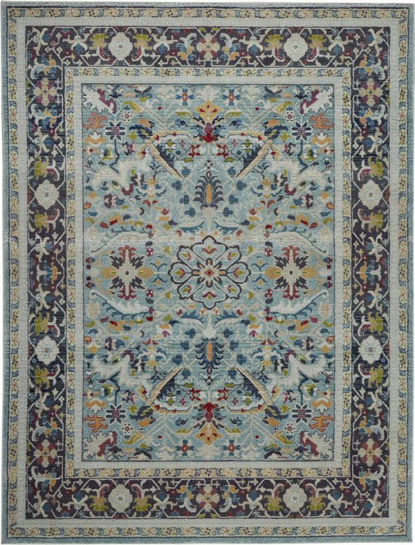 Homeroots 8' X 10' Teal Blue Orange And Black Floral Medallion Distressed Non Skid Area Rug  Polypropylene,Polyester 551324