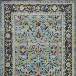 Homeroots 8' X 10' Teal Blue Orange And Black Floral Medallion Distressed Non Skid Area Rug  Polypropylene,Polyester 551324
