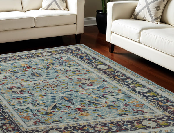 Homeroots 8' X 10' Teal Blue Orange And Black Floral Medallion Distressed Non Skid Area Rug  Polypropylene,Polyester 551324