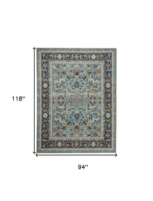 Homeroots 8' X 10' Teal Blue Orange And Black Floral Medallion Distressed Non Skid Area Rug  Polypropylene,Polyester 551324