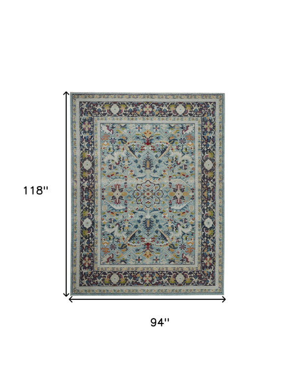 Homeroots 8' X 10' Teal Blue Orange And Black Floral Medallion Distressed Non Skid Area Rug  Polypropylene,Polyester 551324