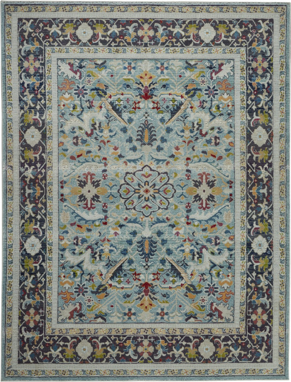 HomeRoots 5' Distressed Floral Area Rug in Teal Blue, Orange, and Black - Non-Skid and Durable Design 8' X 10' 551324
