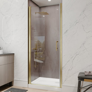 English Elm 32-34 in Frameless Pivot Shower Door Clear Glass Brushed Gold Reversible Bathroom W637P400607