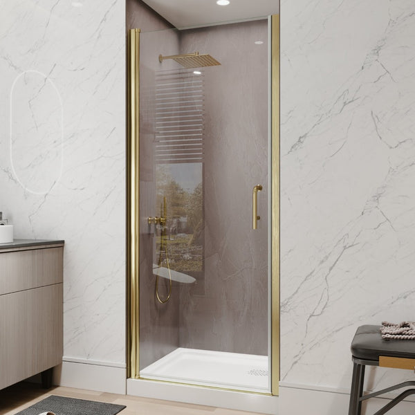 English Elm 32-34 in Frameless Pivot Shower Door Clear Glass Brushed Gold Reversible Bathroom W637P400607