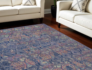 Homeroots 8' X 10' Navy Blue And Orange Ogee Distressed Non Skid Area Rug  Polypropylene,Polyester 551328