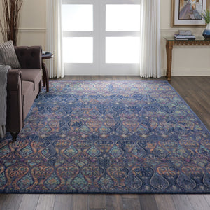 HomeRoots 8' Ogee Distressed Area Rug in Navy Blue and Orange – Stylish Non-Skid Design for Any Room Decor 8' X 10' 551328