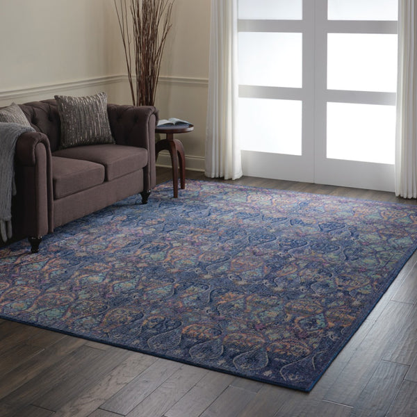 HomeRoots 8' Ogee Distressed Area Rug in Navy Blue and Orange – Stylish Non-Skid Design for Any Room Decor 8' X 10' 551328