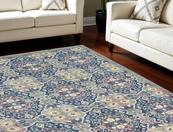 Homeroots 8' X 10' Ivory Navy Blue And Yellow Floral Distressed Non Skid Area Rug  Polypropylene,Polyester 551329