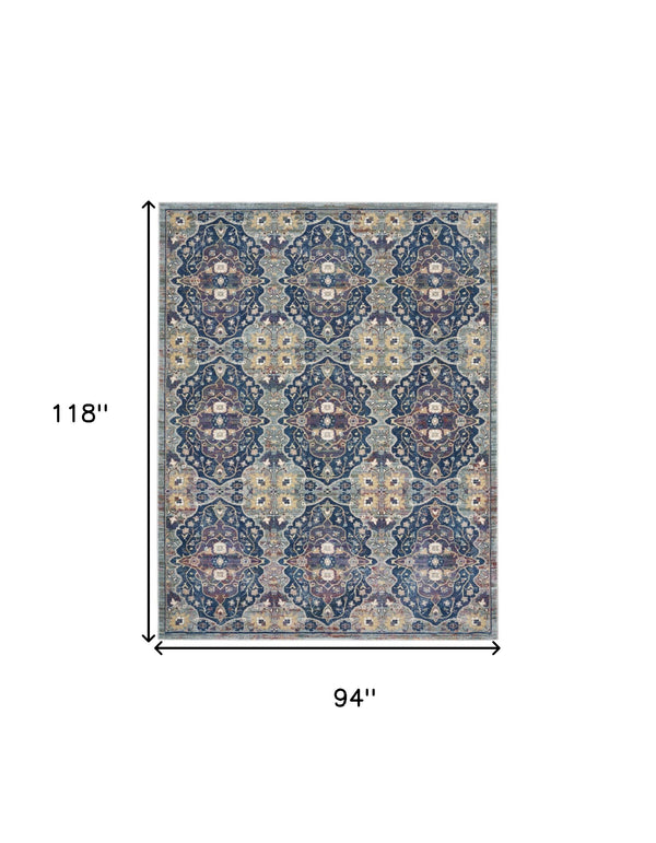 Homeroots 8' X 10' Ivory Navy Blue And Yellow Floral Distressed Non Skid Area Rug  Polypropylene,Polyester 551329