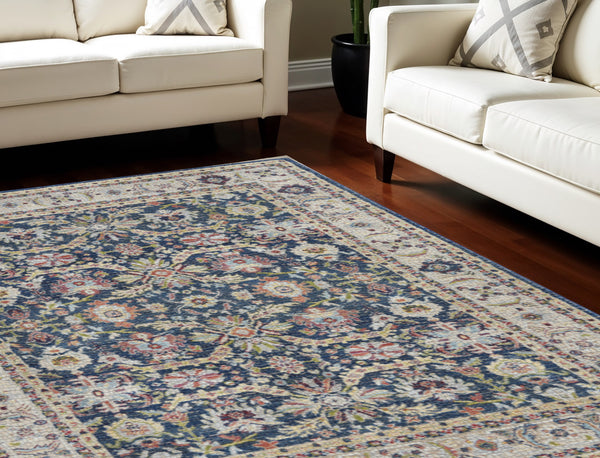 Homeroots 8' X 10' Navy Blue And Yellow Floral Distressed Non Skid Area Rug  Polypropylene,Polyester 551330