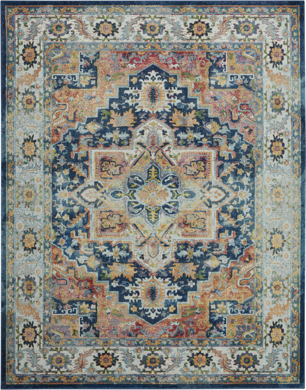 Homeroots 8' X 10' Ivory Blue And Orange Floral Medallion Distressed Non Skid Area Rug  Polypropylene,Polyester 551331