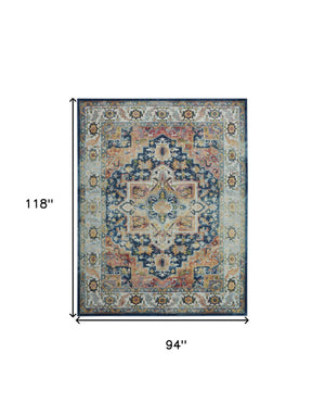 Homeroots 8' X 10' Ivory Blue And Orange Floral Medallion Distressed Non Skid Area Rug  Polypropylene,Polyester 551331