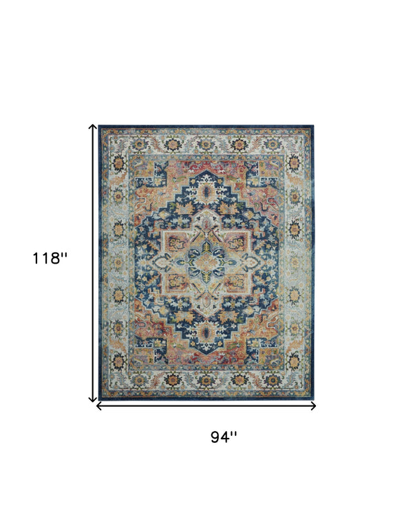 Homeroots 8' X 10' Ivory Blue And Orange Floral Medallion Distressed Non Skid Area Rug  Polypropylene,Polyester 551331