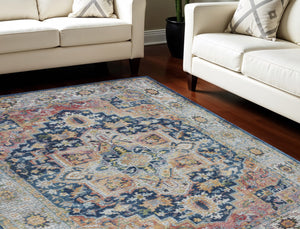 Homeroots 8' X 10' Ivory Blue And Orange Floral Medallion Distressed Non Skid Area Rug  Polypropylene,Polyester 551331