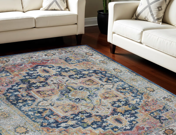 Homeroots 8' X 10' Ivory Blue And Orange Floral Medallion Distressed Non Skid Area Rug  Polypropylene,Polyester 551331