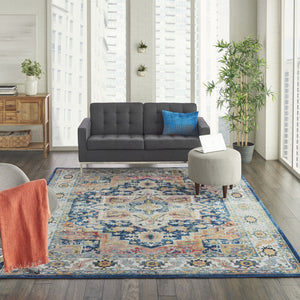 Homeroots 8' X 10' Ivory Blue And Orange Floral Medallion Distressed Non Skid Area Rug  Polypropylene,Polyester 551331