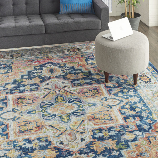 Homeroots 8' X 10' Ivory Blue And Orange Floral Medallion Distressed Non Skid Area Rug  Polypropylene,Polyester 551331