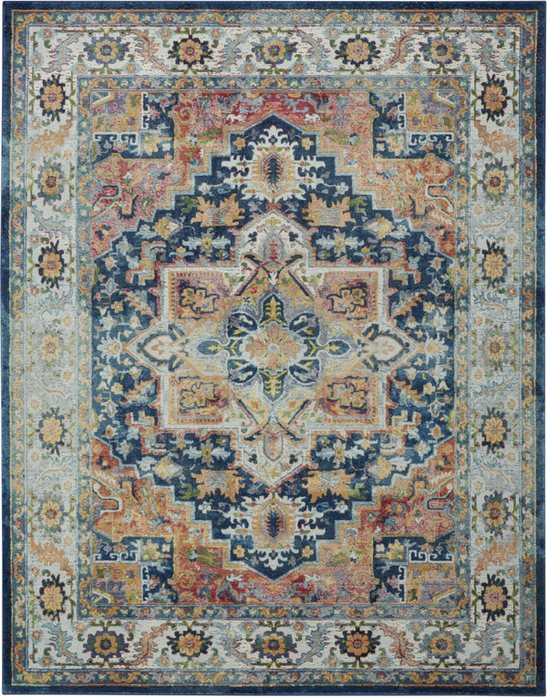 Homeroots 8' X 10' Ivory Blue And Orange Floral Medallion Distressed Non Skid Area Rug  Polypropylene,Polyester 551331