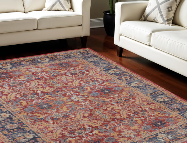 Homeroots 8' X 10' Navy Blue And Red Floral Distressed Non Skid Area Rug  Polypropylene,Polyester 551332