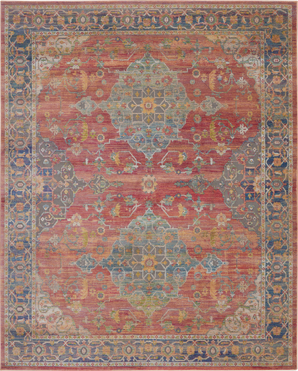 Homeroots 8' X 10' Blue And Red Floral Medallion Distressed Non Skid Area Rug  Polypropylene,Polyester 551333