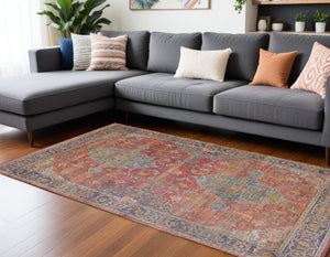 Homeroots 8' X 10' Blue And Red Floral Medallion Distressed Non Skid Area Rug  Polypropylene,Polyester 551333