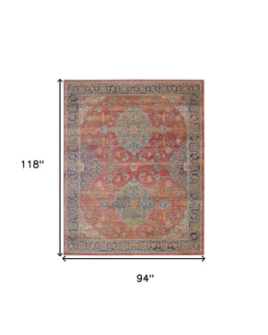 Homeroots 8' X 10' Blue And Red Floral Medallion Distressed Non Skid Area Rug  Polypropylene,Polyester 551333