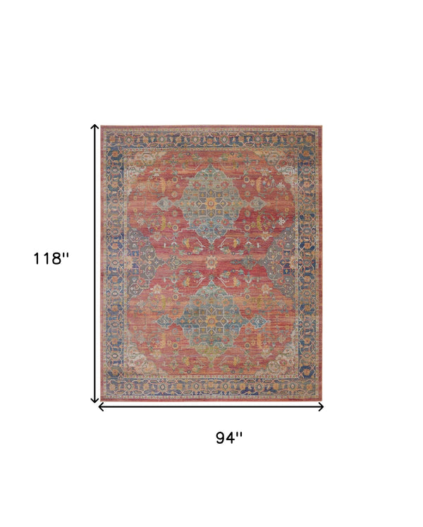 Homeroots 8' X 10' Blue And Red Floral Medallion Distressed Non Skid Area Rug  Polypropylene,Polyester 551333