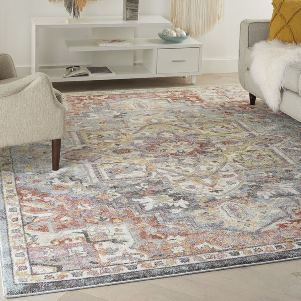 HomeRoots 4' Blue and Red Floral Distressed Area Rug - Vintage Charm, Stain-Resistant, Perfect for High Traffic Spaces 8' X 10' 551336