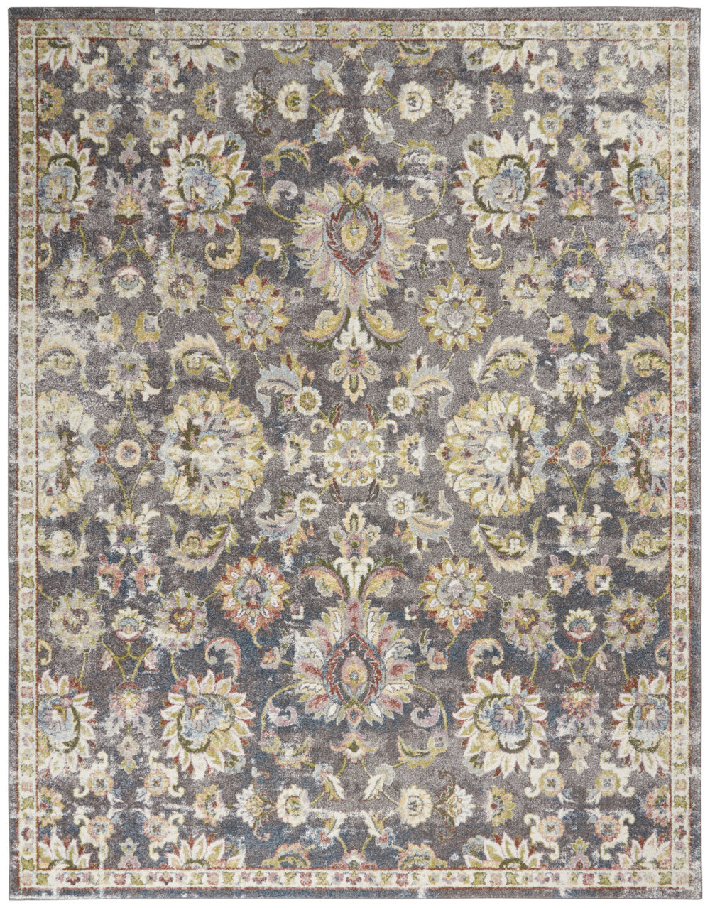 Homeroots 8' X 10' Charcoal Brown And Yellow Floral Distressed Area Rug  Polypropylene 551337