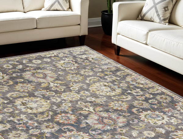 Homeroots 8' X 10' Charcoal Brown And Yellow Floral Distressed Area Rug  Polypropylene 551337