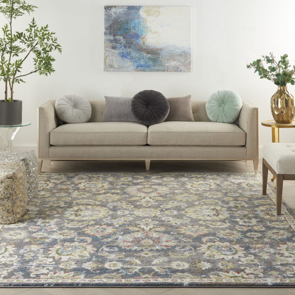 HomeRoots 5' Vintage-Inspired Charcoal Brown and Yellow Floral Distressed Area Rug for Modern Homes and Spaces 8' X 10' 551337