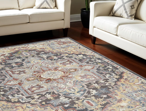 HomeRoots 5' Charcoal Brown and Golden Yellow Floral Medallion Area Rug - Durable, Stain-Resistant Design 8' X 10' 551338
