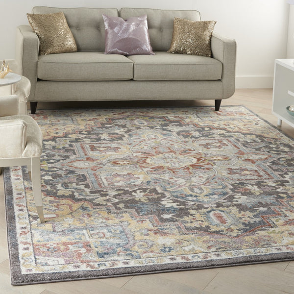 HomeRoots 5' Charcoal Brown and Golden Yellow Floral Medallion Area Rug - Durable, Stain-Resistant Design 8' X 10' 551338