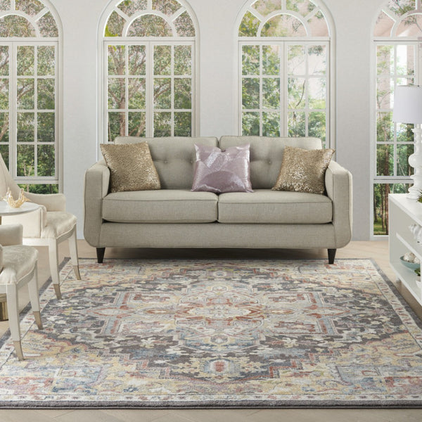 HomeRoots 5' Charcoal Brown and Golden Yellow Floral Medallion Area Rug - Durable, Stain-Resistant Design 8' X 10' 551338