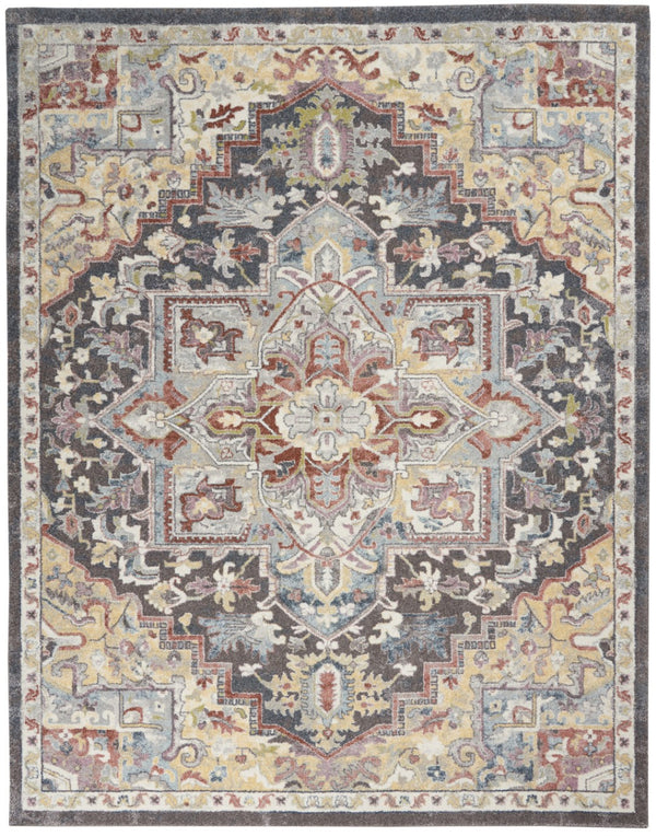 HomeRoots 5' Charcoal Brown and Golden Yellow Floral Medallion Area Rug - Durable, Stain-Resistant Design 8' X 10' 551338
